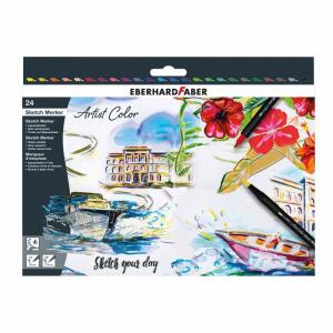 Sketch Marker  Artist Color 24 farben, Fasermaler mit zwei Spitzen, feine Spitze 0,8 mm,, breite, biegsame Pinselspitze 1-10 mm,, Farben können miteinander vermischt und aquarelliert werden,, EBERHARD FABER