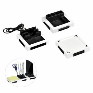 Desk Organizer MDO-003  schwarz weiß, Schreibtisch-Organizer mit 2 USB-Anschlüssen,, zum Aufladen von Smartphone oder Tablets,, modulare Steckweise der 3 Elemente möglich,, Ablagefächer für Stifte, Memo-Block und Kleinmaterial,, Halterung für alle gängige