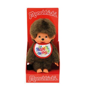 Monchhichi Mädchen  mit Latz Geburtstag, Latz mit Aufdruck: "Alles Gute zum Geburtstag", Sekiguchi