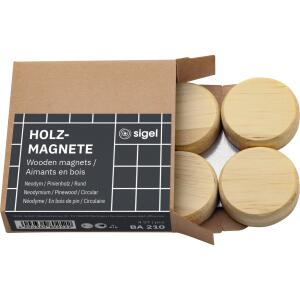 SIGEL BA210 Holz-Magnete - beige - rund - Haftkraft auf Glas-Magnetboards: 14 Blatt (A4, 80g/m²) - Ø 33 mm - 3,30 x 0,90 x 3,30 cm - 4 Stück - für Glas-Magnetboards, magnetische Whiteboards und weitere magnetische Oberflächen