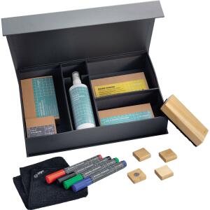 SIGEL BA311 Starterset - 4 leicht abwischbare Board-Marker (schwarz, blau, rot, grün), 4 Holz-Magnete quadratisch, 1 Holz-Board-Eraser inkl. Ersatzpad, 1 magnetisches Reinigungstuch, 1 Reinigungsspray