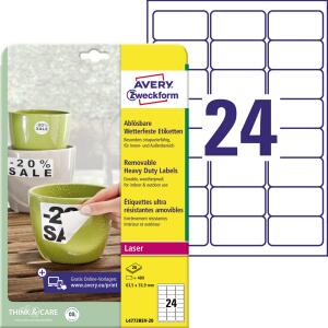 Avery Zweckform L4773REV-20 Wetterfeste Etiketten (A4, 480 Stück, ablösbar, 33,9 x 63,5 mm) 20 Blatt weiß