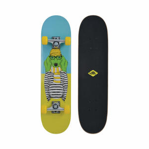 Schildkröt Skateboard  Kicker 31 Green Dog, hochwertiges, konkaves 31 Zoll Deck 79 x 20 cm,, mit Doppel - Kick, Griptape, Rollen 54 x 36 mm aus PU, gelb,, Härtegrad: 85A und ABEC5 - Kugellager,, aus 9 fach verleimtem chinesischem Ahorn Holz MTS Sportartik