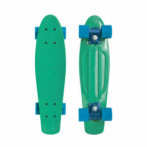 Schildkröt Skateboard  Retro Native grün, Rollen 60 x 45 mm blau, aus griffigem PU, Härtegrad: 85A,, mit ABEC7 Kugellagern,, mit Polypropylen Kicktail - Deck 56 x 14 cm,, strukturierte Oberfläche,, polierte Aluminium Trucks und farbige Bushings,, Nutzerge
