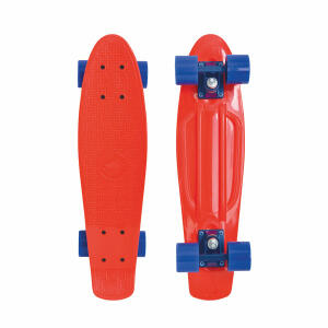 Schildkröt Skateboard  Retro Native rot, Rollen 60 x 45 mm blau, aus griffigem PU, Härtegrad: 85A,, mit ABEC7 Kugellagern,, mit Polypropylen Kicktail - Deck 56 x 14 cm,, strukturierte Oberfläche,, polierte Aluminium Trucks und farbige Bushings,, Nutzergew