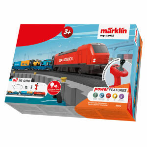 Märklin Modellbahn H0  Starter Set Hafenlogistik, Lokomotive mit Akkuantrieb und Magnetkupplung,, Vorwärts- und Rückwärtsfahrt, je 3 Geschwindigkeitsstufen,, 3 Soundfunktionen und ein Dreilicht-Spitzensignal,, Wagon mit stabilem Container zum Öffnen und B