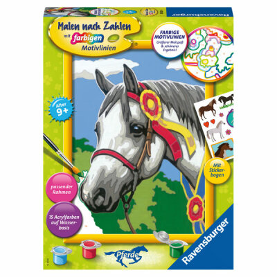 Malen nach Zahlen Bild  180x240mm Stolzes, Turnierpferd Ravensburger Bild mit Rahmen Serie D, 15 Arcylfarben, ab 9 Jahren RAVENSBURGER