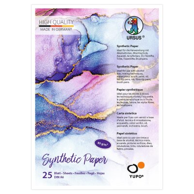 Ursus 16266400 Yupo Synthetic Paper, DIN A6, 25 Blatt, 85 g/qm, synthetisch, Glatte Oberfläche, reiß-und wasserfest, UV lichtecht, extrem strapazierfähig, 100% recyclebar, vielseitig verwendbar, weiß