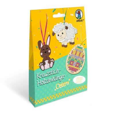 Ursus 21440001 - Kreuzstich-Anhänger aus Holz "Ostern", Bastel-Set für Kinder mit 3 Holz-Anhängern, Stickgarn, Sticknadeln, Deko-Material und Anleitung