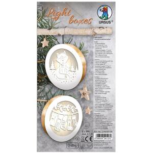 Ursus 21490004 Light Boxes ca. Ø 11 cm Fox & Christmas Socks, 2 Laternendeckel und -böden, 2 Laser Cuts, 2 Kreise aus Transparentpapier 115 g/m², 2 LED Lichter, inkl. Zubehör und Bastelanleitung