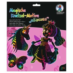 Ursus 24540001F Magische Kratzel-Motive Mädchen, schwarz, mit Regenbogen Effekt, 6 Bogen 250 g/qm, inklusive 1 Bambusstift, Stickeraugen und Kratzanleitung, ideal als Geschenk, bunt