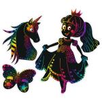 Ursus 24540001F Magische Kratzel-Motive Mädchen, schwarz, mit Regenbogen Effekt, 6 Bogen 250 g/qm, inklusive 1 Bambusstift, Stickeraugen und Kratzanleitung, ideal als Geschenk, bunt