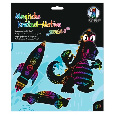 Ursus 24540002F Magische Kratzel-Motive Jungs, schwarz, mit Regenbogen Effekt, 6 Bogen 250 g/qm, inklusive 1 Bambusstift, Stickeraugen und Kratzanleitung, ideal als Geschenk, bunt
