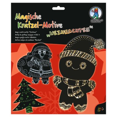 Ursus 24540004F Magische Kratzel-Motive Weihnachten, schwarz, mit Regenbogen Effekt, 6 Bogen 250 g/qm, inklusive 1 Bambusstift, Stickeraugen und Kratzanleitung, ideal als Geschenk, bunt