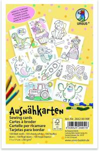 Ursus 28320099F Ausnähkarten für Kinder, 100 weiße Stickkarten mit vorgedruckten Motiven zum Aussticken und Ausmalen, ca. 11 x 17 cm groß