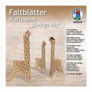 Ursus 38055599F Faltblätter Kraftpapier Design Mix, 100 Blatt in 10 verschiedenen Motiven, ca. 15 x 15 cm, 80 g/qm, einseitig Bedruckt, zum Falten von Fensterbildern, Sternen und Figuren, braun/weiß