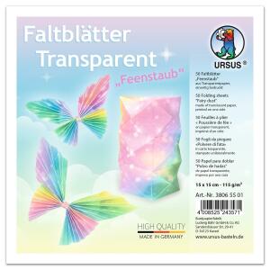 Ursus 38065501 - Transparentpapier-Faltblätter Feenstaub, 50 Blatt, ca. 15 x 15 cm, 115 g/qm, einseitig Bedruckt, zum Falten von Fensterbildern, Sternen und Figuren, bunt