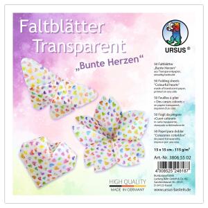 Ursus 38065502 - Transparentpapier-Faltblätter Bunte Herzen, 50 Faltblätter 15 x 15 cm, einseitig bedruckt, zum Basteln und Falten von Figuren, Sternen und Fensterbildern