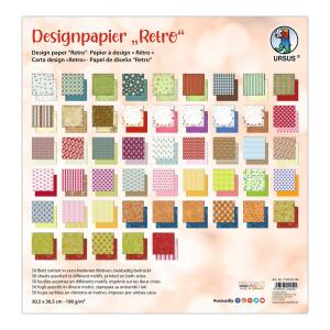 Ursus 71800099 - Design-Papier "Retro", Mix mit 50 Blatt beidseitig bedrucktem Motiv-Papier, 190 g/m², 30,5 x 30,5 cm, Vorder- und Rückseite jeweils unterschiedlich bedruckt