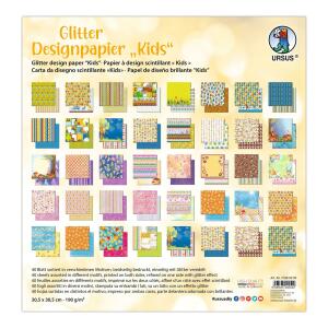 Ursus 71880099 - Glitter Design-Papier "Kids", Mix mit 40 Blatt beidseitig bedrucktem Motiv-Papier, 190 g/m², 30,5 x 30,5 cm, Vorder- und Rückseite jeweils unterschiedlich bedruckt