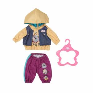 Zapf Creation 832615 BABY born Outfit mit Hoody 43cm - Puppenkleidung Set bestehend aus Hose, Pullover und Kleiderbügel in lila gelb.