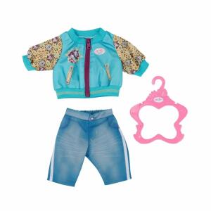 Zapf Creation 833599 BABY born Outfit mit Jacke 43cm - Puppenkleidung Set bestehend aus blauer Jeans-Hose, türkiser Jacke und Kleiderbügel.