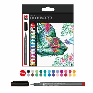Marabu 0146000000104 - Fineliner Graphix, Set Hypnotize, 24 brillante Farben, Strichstärke ca. 0,5 mm, wasserbasierte Pigment-Tusche, metallgefasste Kunststoffspitze