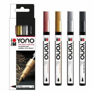 Marabu 1240000004001 - YONO Marker Set Metall mit 4 Farben, vielseitige Acrylstifte, feine, japanische Rundspitze 0,5 - 1,5 mm, wasserbasiert, lichtecht und wasserfest, für nahezu alle Untergründe