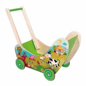 Hess Holzspielzeug 31179 - Puppenwagen aus Holz, Serie Bauernhof, handgefertigt, mit Gummibereifung, für Kinder ab 12 Monaten, ca. 54 x 8,5 x 38,8 cm, für den Spaziergang mit Puppe und Teddy