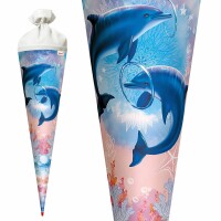 Motiv-Schultüte Delfine 70cm rund Rot(h)-Spitze Filzverschluss