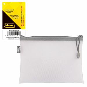 IDENA  Reißverschlusstasche A5  Idena Mesh weiß, Maße: 23 x 17 x 2 cm, zum Aufbewahren, Transport und Schutz verschiedener Dinge,, wasserabweisende Oberfläche, mit Bändchen am Zipper,