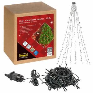 IDENA  Idena Lichterkette NewTec  200 LED ww Überwurf, Überwurf für 1,5m Weihnachtsbäume mit 8 Girlanden,, 8h Timer, 8 Flackerfunktionen, für Innen und Außen,, Zuleitung 5m, Lampenabstand 6cm, grünes Kabel