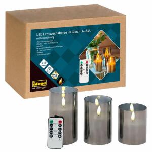 IDENA  Idena LED Kerzen im Glas  3er warmweiß Echtwachs, mit Fernbedienung, 6h Timer, batteriebetrieben 2xAA,, nicht enthalten, für Innen, gestuft, Höhen: 10cm,12,5cm,15cm