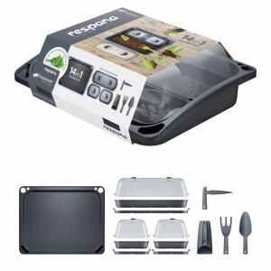 PROSPERPLAST  Anzuchtschale Respana  14in1 Starter-Set, 57,6 x 46 x 19 cm, anthrazit mit Deckel,, 4 Gartenwerkzeuge,, 3 durchsichtige Deckel mit Belüftungsschlitzen