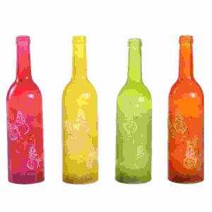 SCHLARAFFENLAND  LED Glasflasche Torno  D7,5x29cm 4fach sortiert, LED Deko Glasflasche mit Schmetterlingsmotiv, 7 Micro LED,, 4 Farben sortiert: pink, grün, gelb, orange, Timerfunktion, 6 Stunden, 3x AAA Batterien erforderlich, nicht enthalten,, TÜV AT ge