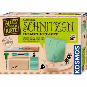 KOSMOS 604608 AllesKönnerKiste Schnitzen Komplett-Set, mit Kinder-Schnitzmesser, Lindenholz-Block, kindgerechte Anleitung, Boot selber schnitzen, Bastel-Set für Kinder ab 8 Jahre zum Schnitzen lernen