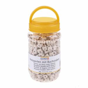 Glorex 6 1640 197 197-Holzperlen mit Buchstaben im praktischen Plastikeimer, ca. 185 g mit würfelförmigen Perlen zur Schmuckherstellung, ideal für Namensbänder und Ketten, Mehrfarbig