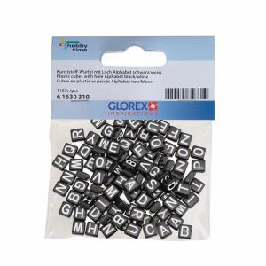 GLOREX 6 1630 310 - Kunststoff Würfel, 110 Stück, mit Loch und Buchstaben, schwarz und weiß sortiert, ideal geeignet zur Gestaltung von Schmuck, Armbändern, Halsketten, Accessoires und Dekoration