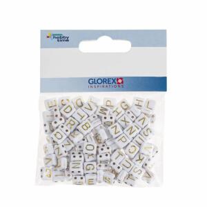 GLOREX 6 1630 311 - Kunststoff Würfel, 110 Stück, mit Loch und Buchstaben, weiß und gold sortiert, ideal geeignet zur Gestaltung von Schmuck, Armbändern, Halsketten, Accessoires und Dekoration