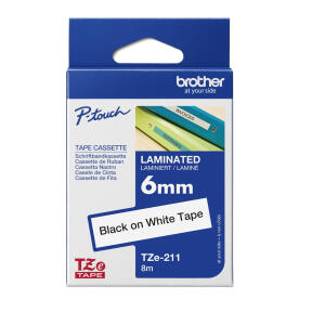 Schriftbandkassette TZE211, laminiert, 6mm breit/ 8m lang, schwarz auf weiß.