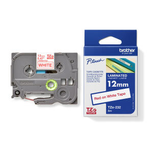 Schriftbandkassette TZE232, laminiert, 12mm breit/8m lang, rot auf weiß.