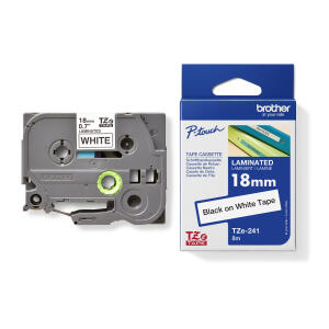 Schriftbandkassette TZE241, laminiert, 18mm breit/8m lang, schwarz auf weiß.