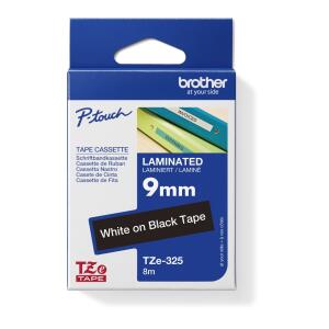 Schriftbandkassette TZE-325, laminiert, 9mm breit/8m lang, weiß auf schwarz