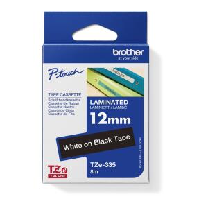 Schriftbandkassette TZE335, laminiert, 12 mm breit/ 8 m lang, weiß auf schwarz.