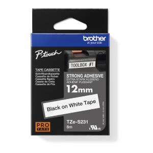 Schriftbandkassette TZES231, laminiert, extra stark klebend, 12mm breit/8m lang, schwarz auf weiß.