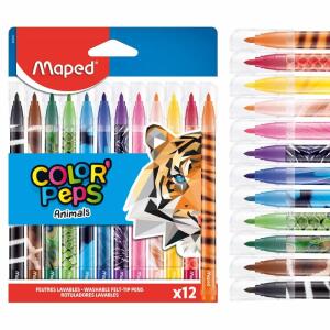 Filzstifte COLOR´Peps  Animals 12er, von den meisten Textilien und der Haut abwaschbar,, fest eingefasste, weiche Spitze 2,8 mm,, Stiftlänge: 143 mm,, Kunststoffschaft mit Tiermustern,, transparente Kunststoffkappe,, Maped