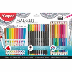 Malset Mal-Zeit für  Erwachsene, 33tlg., 10 Pinselstifte, 10 Fineliner, 12 Duo-Stifte, 1 Spitzer