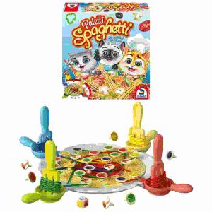 Brettspiel Paletti  Spaghetti, Der verdrehte Nudelspaß, Inhalt: 1 Würfel, 1 Aufkleberbogen,, 28 Zutatenpins, 1 Spaghetti-Auflage, 1 Teller, 4 Gabeln, mit Löffeln, 4 Spaghettifäden, für 2 bis 4 Spieler,, Spieldauer ca. 10 Minuten, ab 4 Jahren, Schmidt Spie