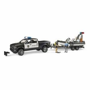 bruder RAM 2500 Polizei  Pickup Licht/Sound 1:16, mit Tarnsportanhänger mit Boot,, Figuren Taucher und Polizist, und zusätzlicher Lenksäule,, ab 4 Jahren,, bruder