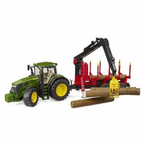 bruder Traktor John Deere  7R350 mit Holzhänger 1:16, Rückeanhänger mit 4 Baumstämmen,, Anhängekupplung mit höhenverstellbarem Hubwerk,, Motorhaube zum Öffnen,, abnehmbares Frontgewicht,, ab 3 Jahren,, bruder